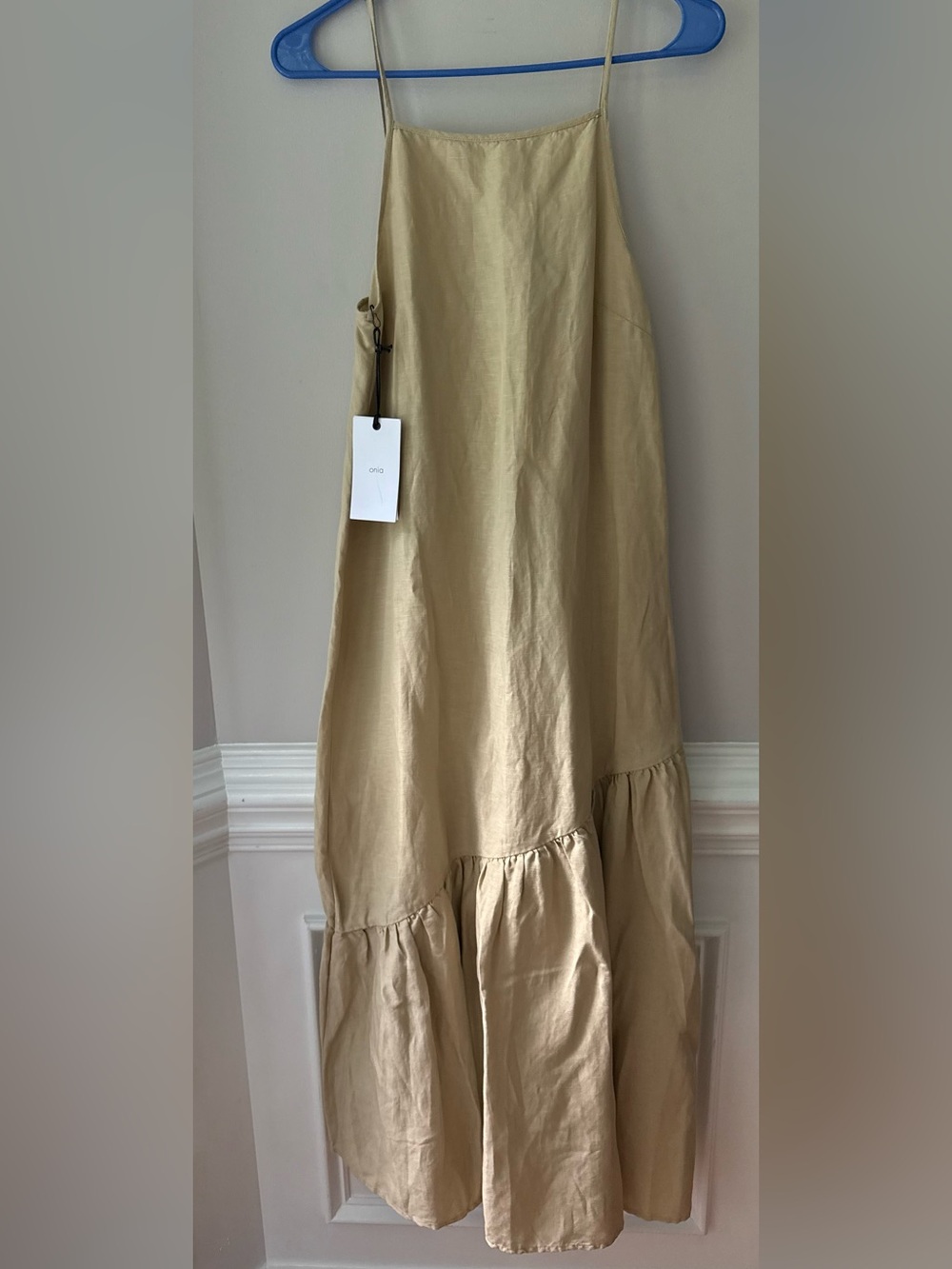 Onia Beige Air Linen Square Neck Tiered Linen Maxi Dress